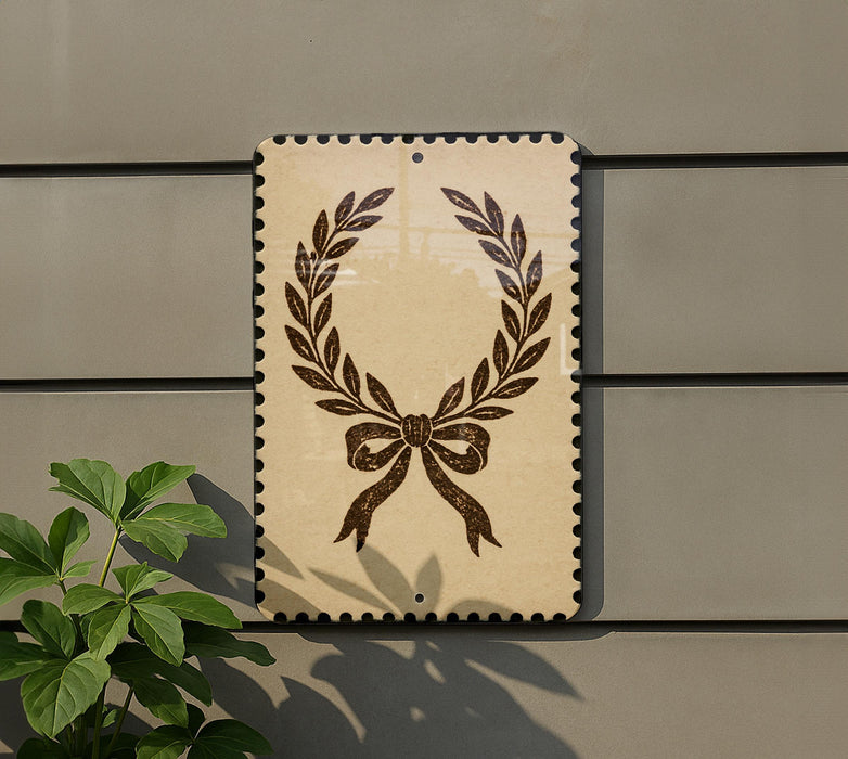 a decorative wreath-like design on a wall, with a plant to the left of the frame.