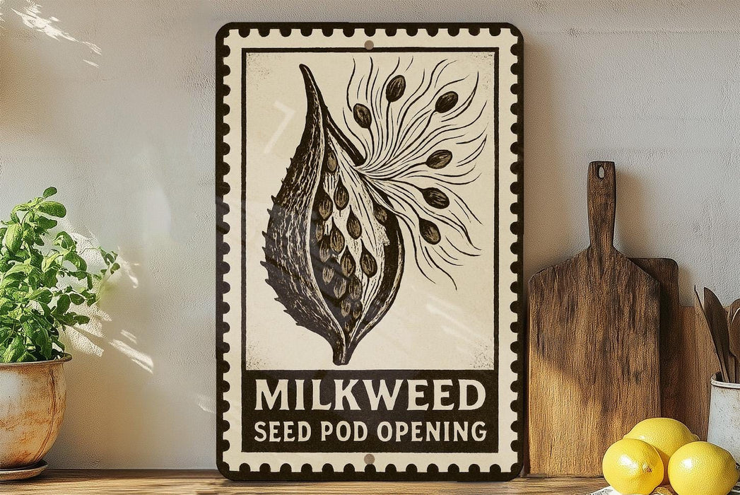 a seed pod opening sign with a decorative border, placed on a wooden surface next to a wooden cutting board and some potted plants.