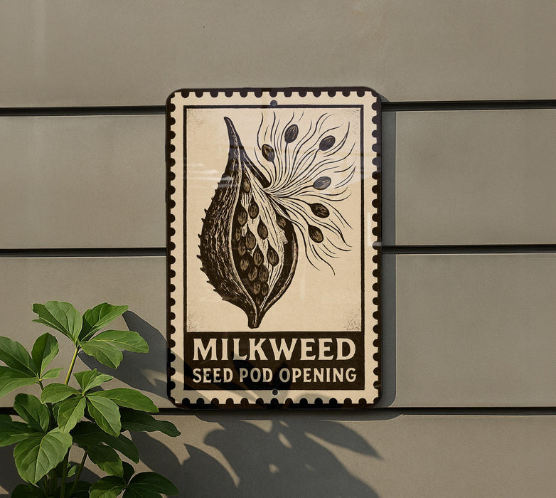 a sign for a milkweed seed pod opening, with a decorative border and a plant illustration on the sign.