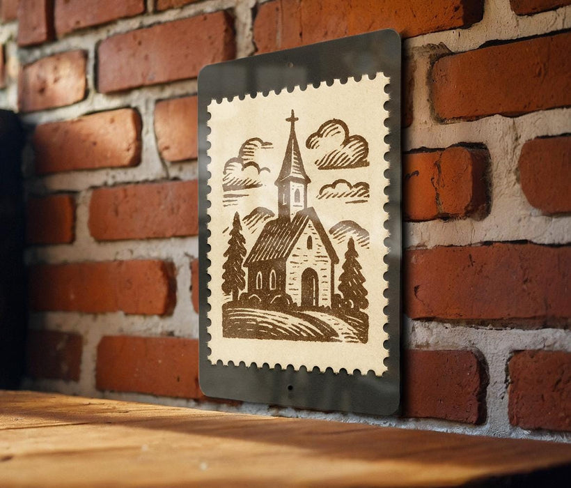 A framed illustration of a church with a steeple is displayed on a brick wall.