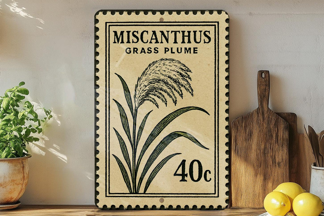 a framed print of a plant with a label that reads "Miscanthus Grass Plume" and "40c". The print is placed on a shelf next to a wooden cutting board and a potted plant.