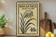 a framed print of a plant with a label that reads "Miscanthus Grass Plume" and "40c". The print is placed on a shelf next to a wooden cutting board and a potted plant.