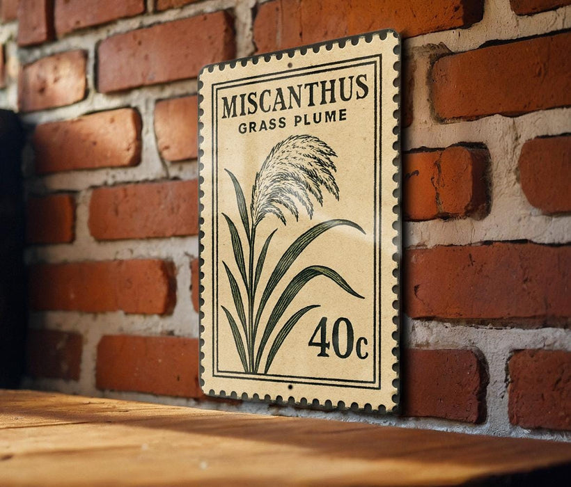 a vintage-style metal sign with a plant illustration and the text "MISCANTHUS GRASS PLUME" on a brick wall.