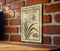 a vintage-style metal sign with a plant illustration and the text "MISCANTHUS GRASS PLUME" on a brick wall.