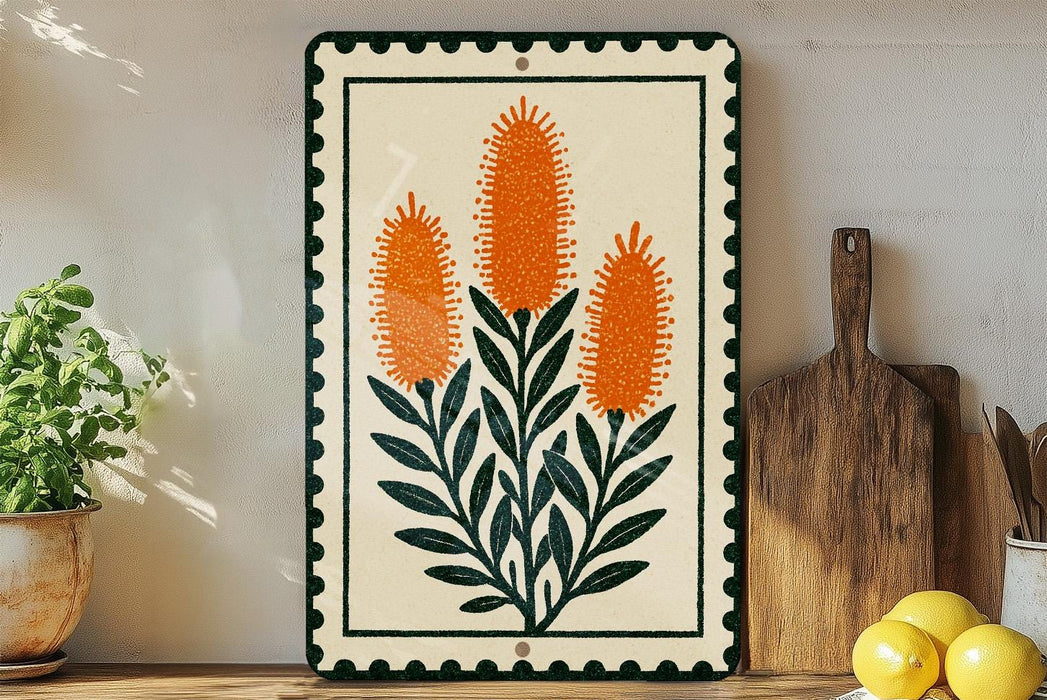 a decorative piece with a floral design, placed on a wooden surface next to a wooden cutting board and a potted plant.