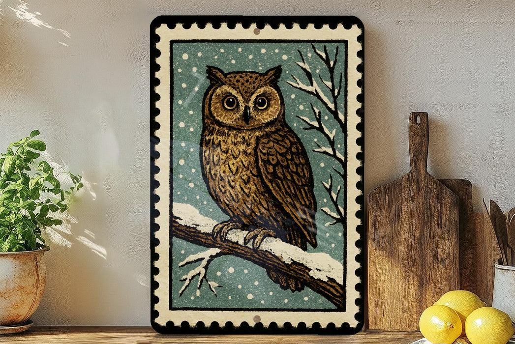 A framed image of an owl perched on a branch, with a snowy background, is displayed on a shelf next to a wooden cutting board and a potted plant.