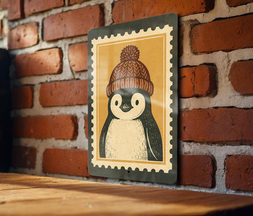 A metal sign featuring a cartoon penguin wearing a knitted hat is mounted on a brick wall.
