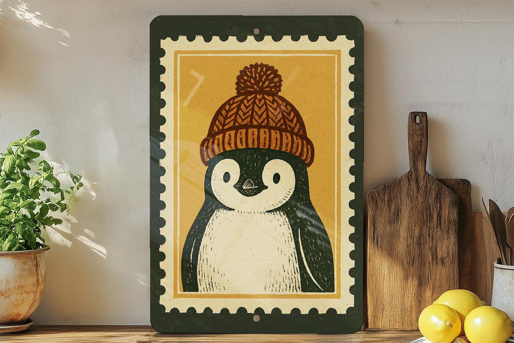 A framed illustration of a penguin wearing a knit hat is displayed on a shelf, accompanied by a wooden cutting board and a potted plant.
