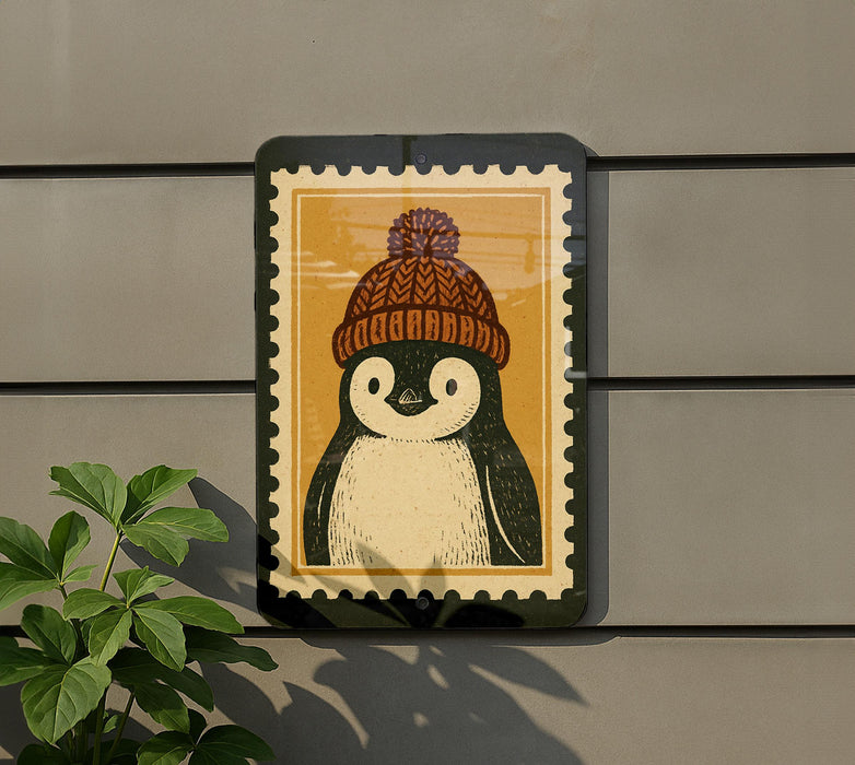 A penguin wearing a knitted hat is depicted on a sign, which is mounted on a wall.