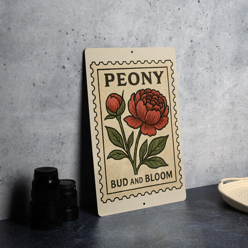 A decorative metal sign with a floral design and text, placed on a table next to some black camera lenses.