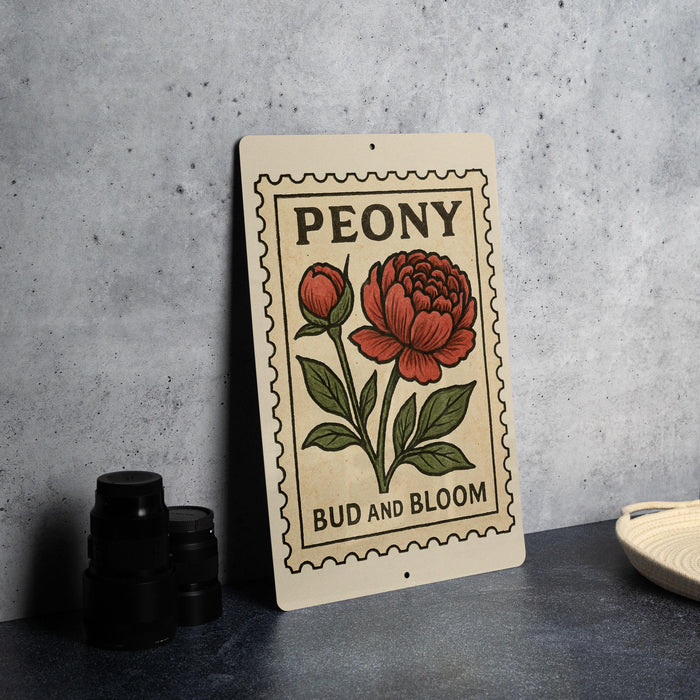 A decorative metal sign with a floral design and text, placed on a table next to some black camera lenses.