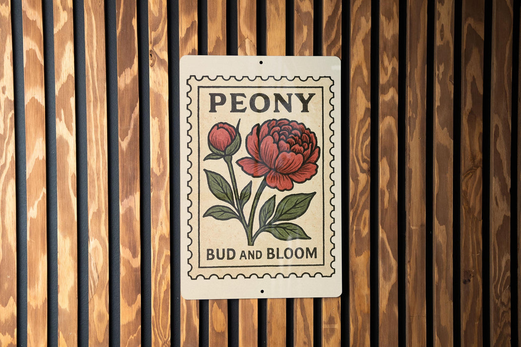 A sign with the word "PEONY" and a large red flower is displayed against a wooden background.