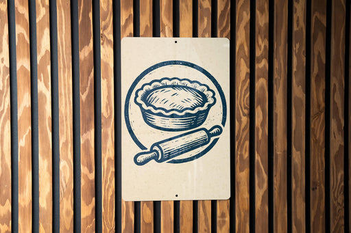 A sign featuring a pie and a rolling pin, mounted on a wooden wall.