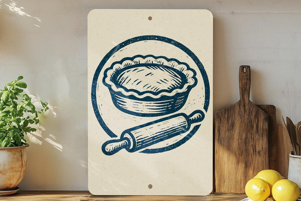a kitchen scene with a pie, a rolling pin, and a wooden cutting board.