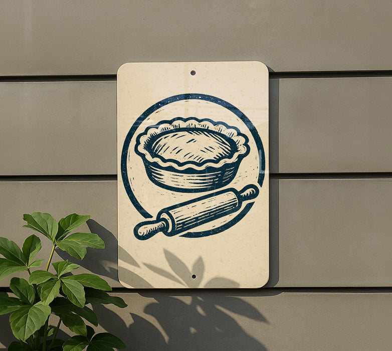 a sign with a pie and a rolling pin on it, mounted on a wall.