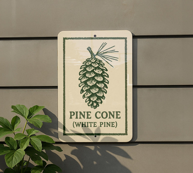 a sign with a pine cone illustration and the text "PINE CONE (WHITE PINE)" on a wall.