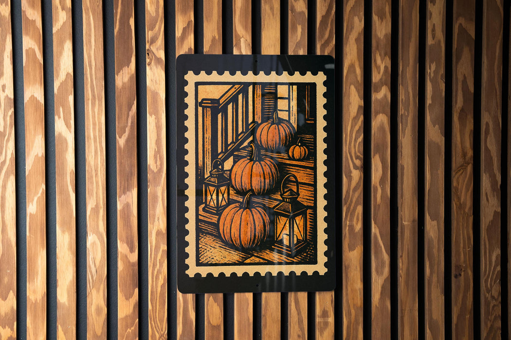 A framed illustration of three pumpkins is displayed on a wooden wall.