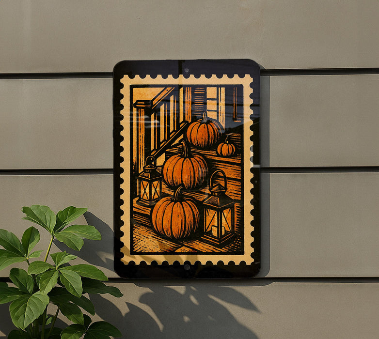 A framed illustration of pumpkins on a porch is displayed on a wall, with a plant visible to the left.