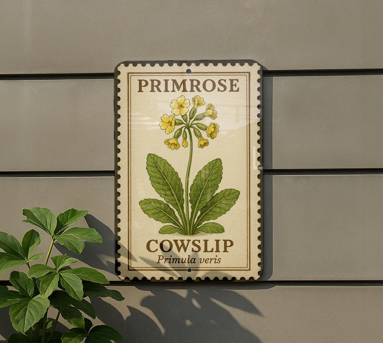 a sign with a picture of a Primrose and a picture of a Cowslip plant, mounted on a wall.