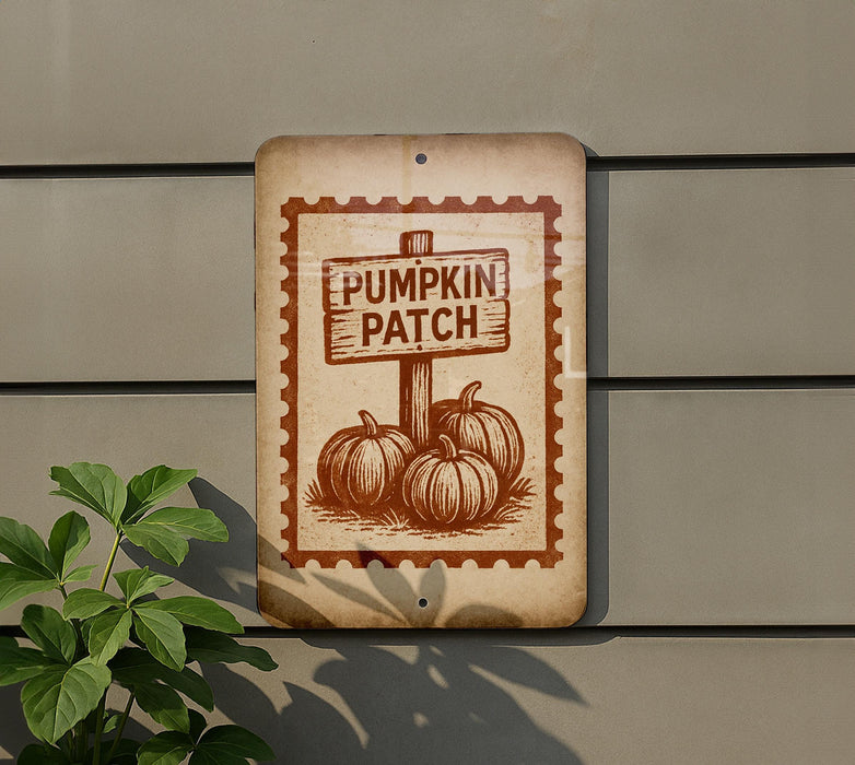 a sign that reads "Pumpkin Patch" with three pumpkins depicted on it, mounted on a wall.