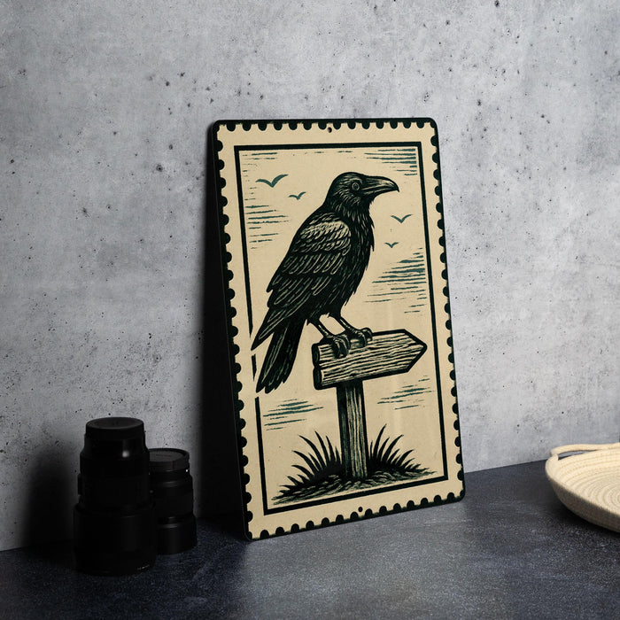 a black and white illustration of a crow perched on a wooden signpost, with a bird in flight in the background.