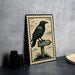a black and white illustration of a crow perched on a wooden signpost, with a bird in flight in the background.