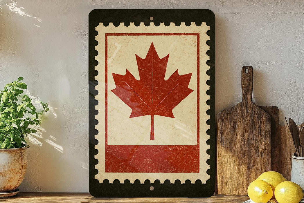 a kitchen counter with a framed Canadian flag, a wooden cutting board, and some lemons.