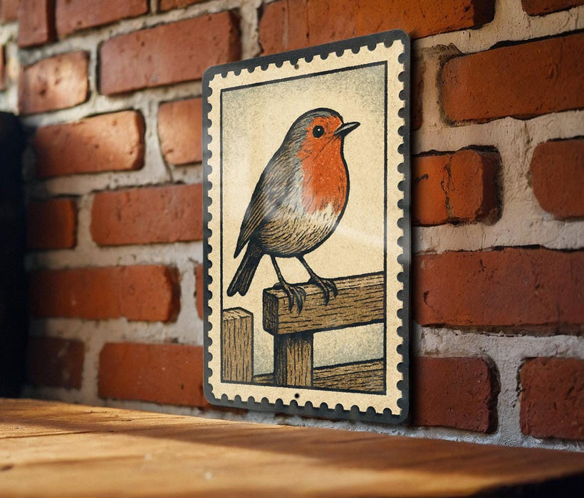 A framed illustration of a bird, possibly a robin, is displayed on a brick wall.
