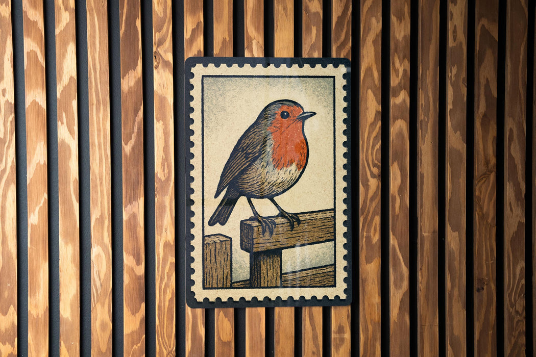 A postage stamp featuring a colorful illustration of a bird perched on a wooden fence.
