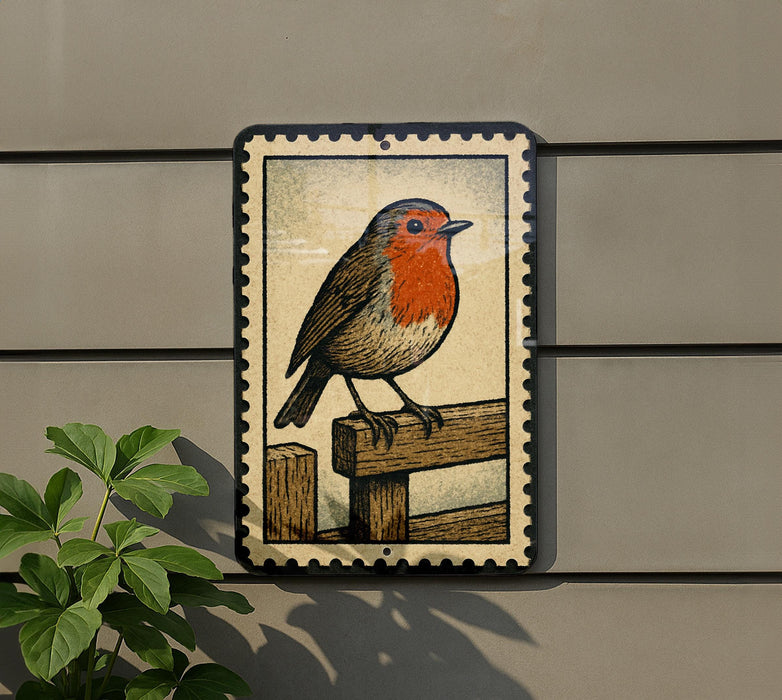 A framed illustration of a bird perched on a wooden fence is displayed on a wall.