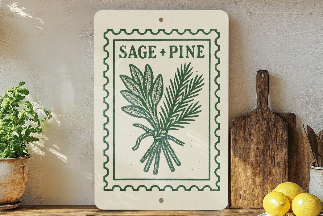 a kitchen counter with a decorative sign that reads "Sage + Pine" and a potted plant to the left. There is also a wooden cutting board and a bunch of lemons on the counter.
