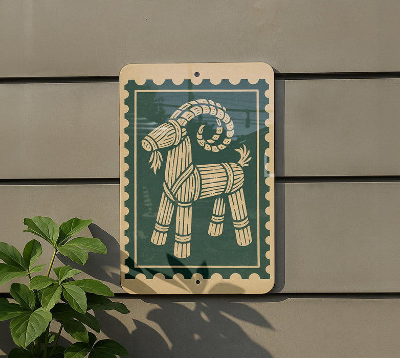 a green and white sign with a stylized goat design on it, mounted on a wall.