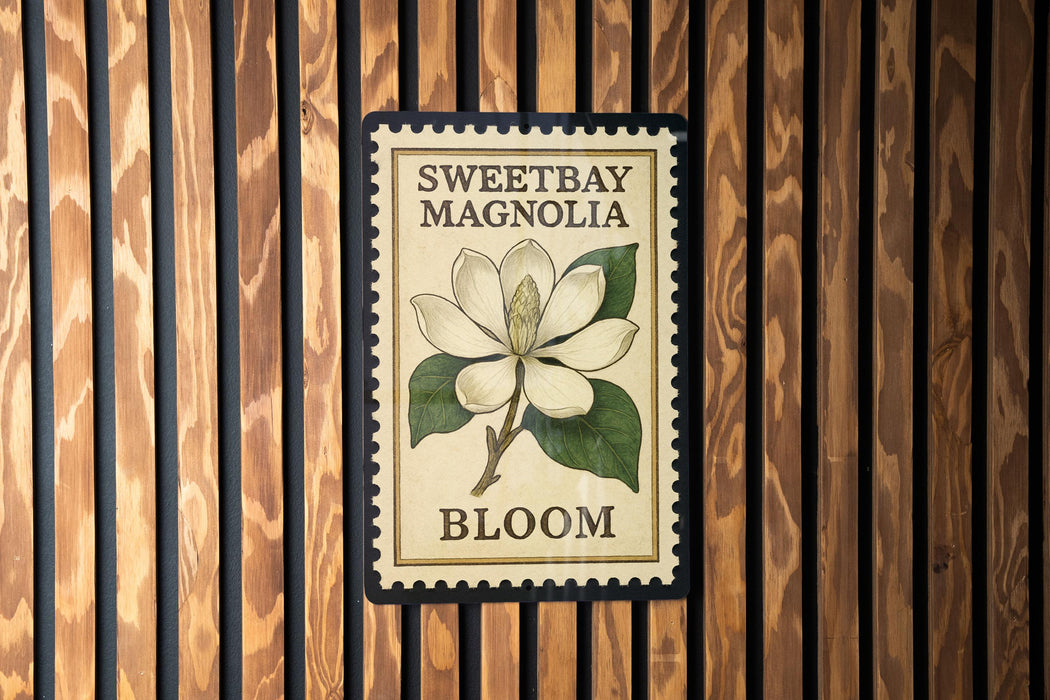 A framed illustration of a white magnolia flower is displayed on a wooden wall.