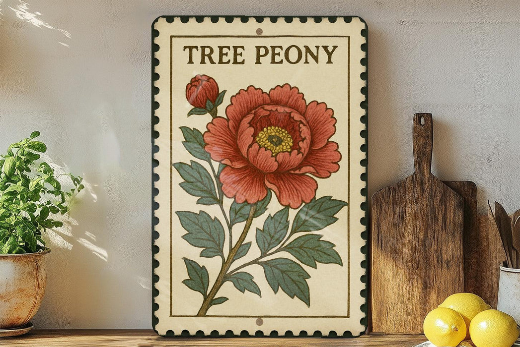 a decorative sign with a large red peony flower, placed on a wooden surface next to a wooden cutting board and a potted plant.