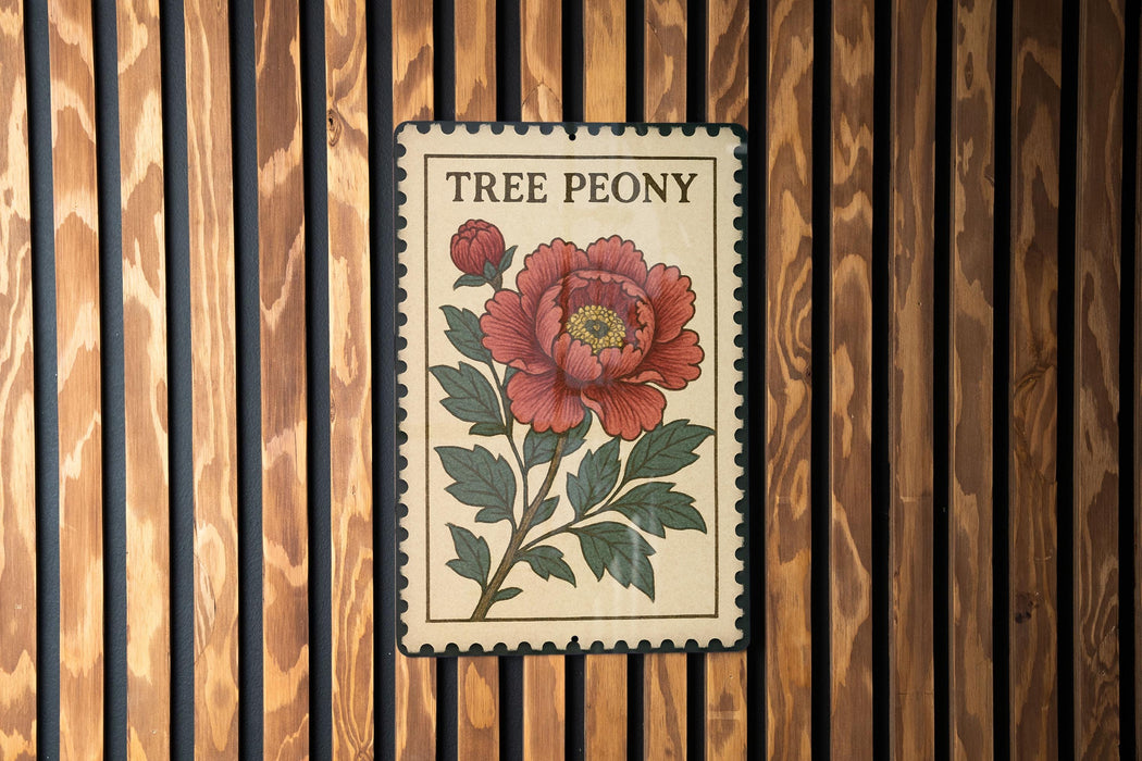 A framed image of a red peony flower is displayed on a wooden wall.