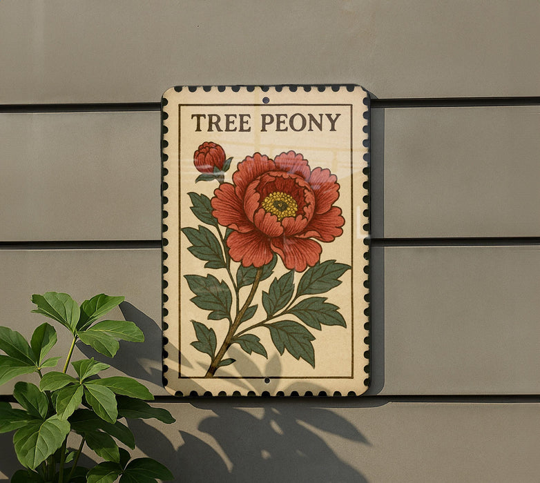 a decorative sign with a large, vibrant red peony flower and green leaves, mounted on a wall.