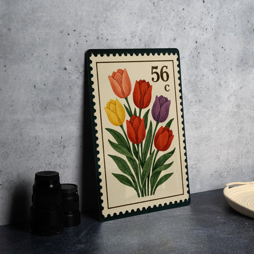 A framed stamp-like artwork depicting a bouquet of colorful tulips is displayed on a table.