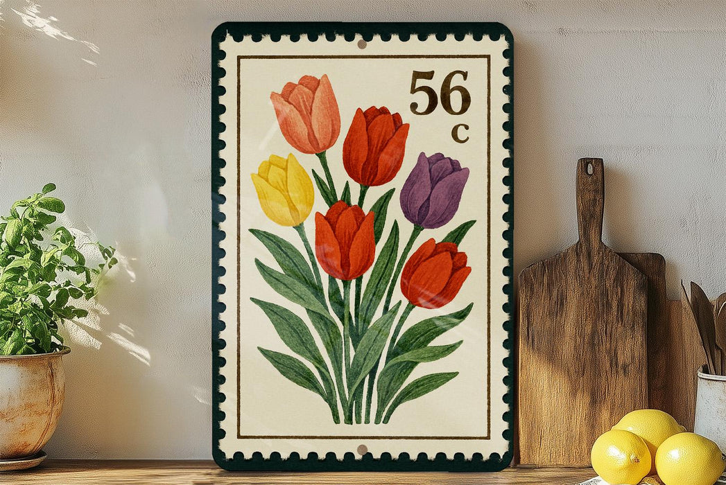 A framed illustration of a bouquet of colorful tulips is displayed on a shelf, accompanied by a wooden cutting board and a potted plant.