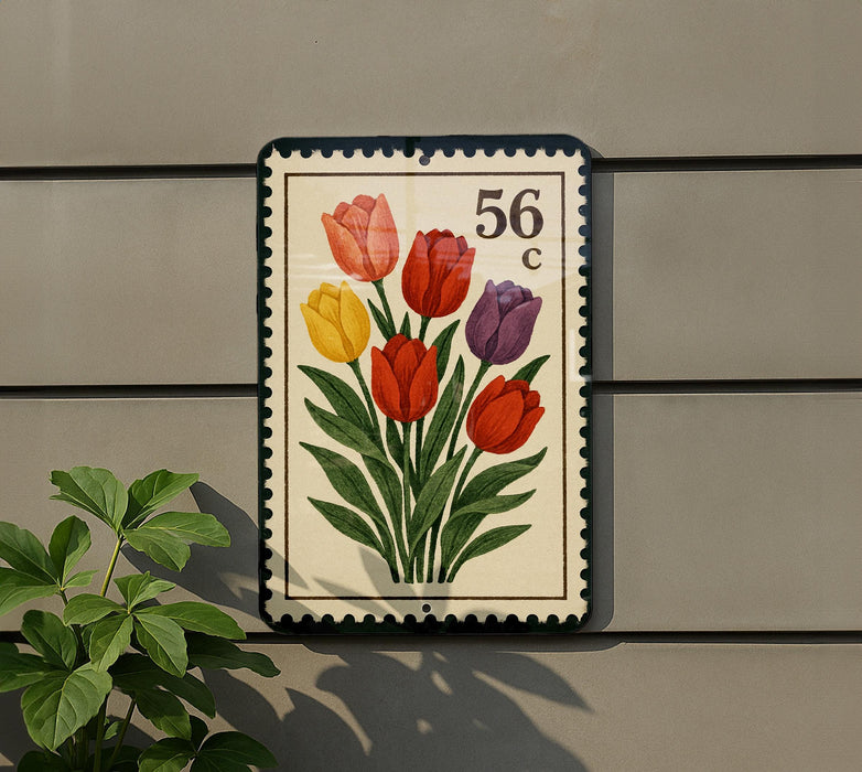 A postage stamp-like sign with a floral design and the number 56 on it, mounted on a wall next to a plant.