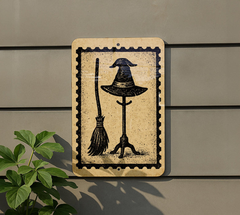 a sign with a witch's hat and broom on a post, mounted on a wall.