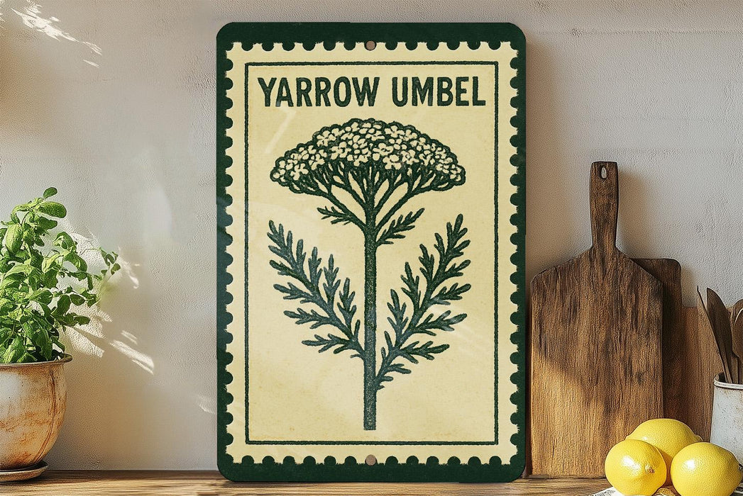 a decorative sign with a plant illustration, placed on a wooden surface next to a wooden cutting board and some lemons.