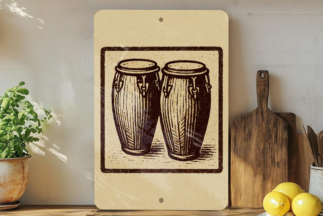 a wooden shelf with various items, including a potted plant, a wooden cutting board, and a bowl of fruit. There is also a framed image of two drums on the shelf.