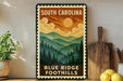A vintage-style metal sign for Blue Ridge Foothills in South Carolina, featuring a mountain landscape with pine trees and a sun in the sky.
