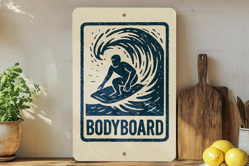 a surfboard with a wave design, accompanied by the text "BODYBOARD" on a wooden sign.