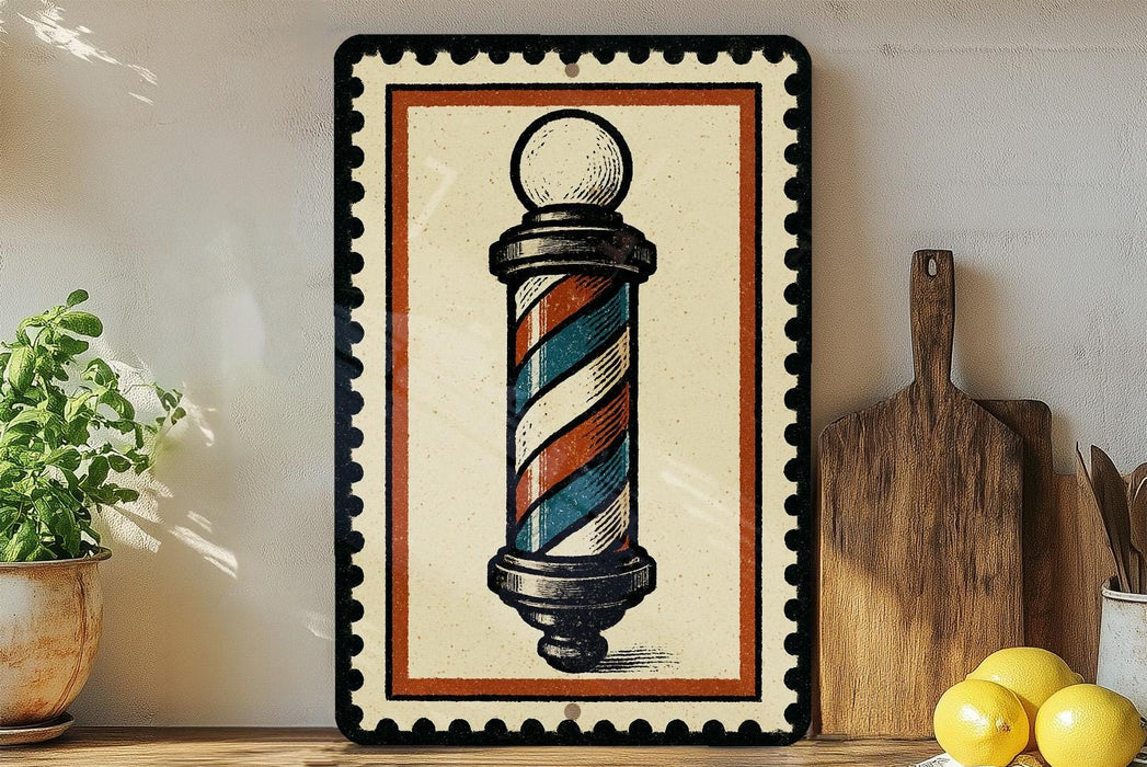 a barber pole with a striped design, placed on a shelf next to a wooden cutting board and some lemons.
