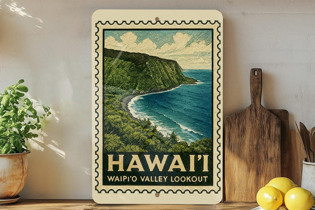 A framed illustration of a scenic coastal landscape with a cliff overlooking the ocean, surrounded by lush greenery, is displayed on a wall.