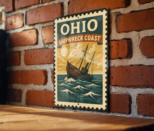 A vintage-style metal sign with the text "OHIO SHIPWRACK COAST" and an illustration of a ship sailing on the ocean.
