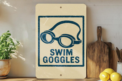 a sign that reads "SWIM GOGGLES" with a graphic of goggles on it, placed on a wooden surface next to a potted plant and a cutting board.