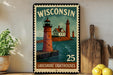 A vintage-style metal sign depicting a lighthouse and the word "WISCONSIN" in the top half, with the number "25" in the bottom half. The sign is placed on a wooden surface, with a potted plant to the left and a wooden cutting board to the right.