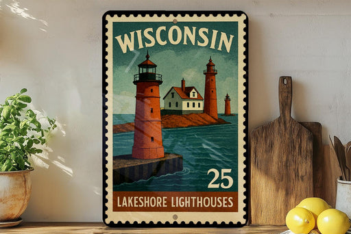 A vintage-style metal sign depicting a lighthouse and the word "WISCONSIN" in the top half, with the number "25" in the bottom half. The sign is placed on a wooden surface, with a potted plant to the left and a wooden cutting board to the right.